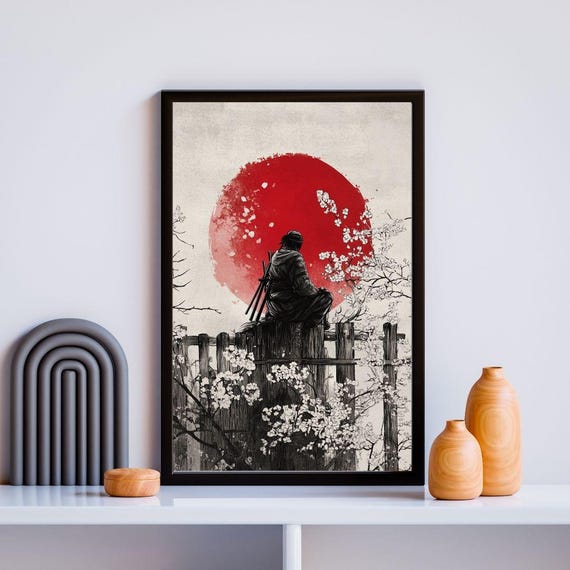Samurai And Cherry Blossoms Art Print Japanese Sun Ink Painting Zen Warrior Wall Decor
