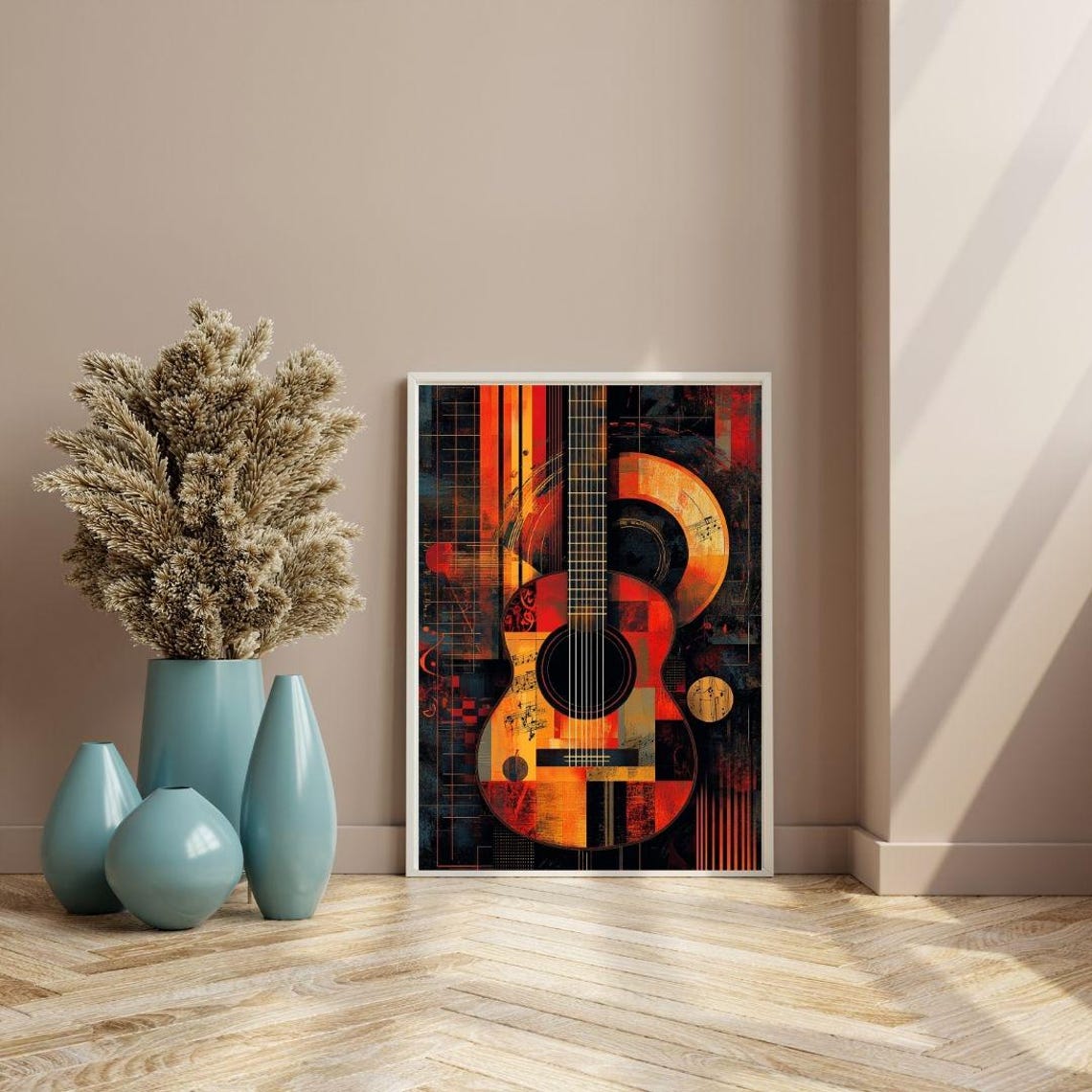 Abstract Geometric Guitar Red Orange Black Modern Music Wall Art Print - Image 3