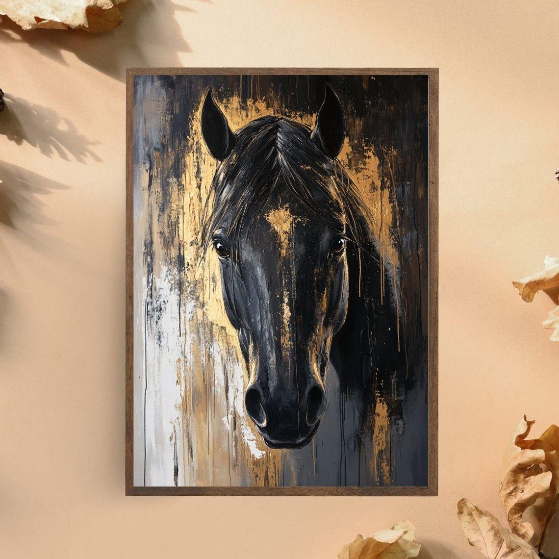 Black Stallion Portrait Gold Abstract Majestic Equestrian Art Poster