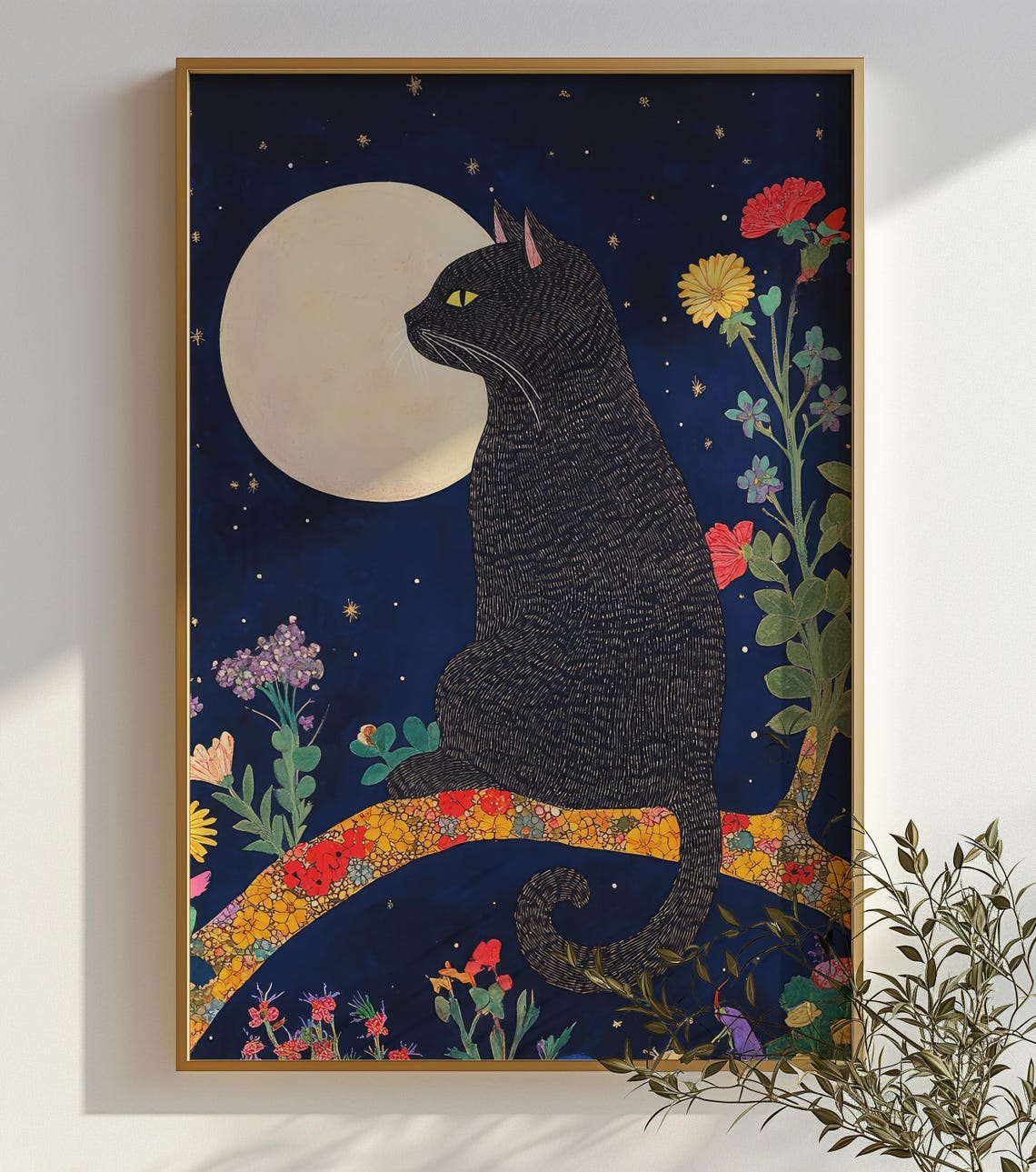 Black Cat on Moonlit Floral Branch Witchy Night Garden Poster - Image 2