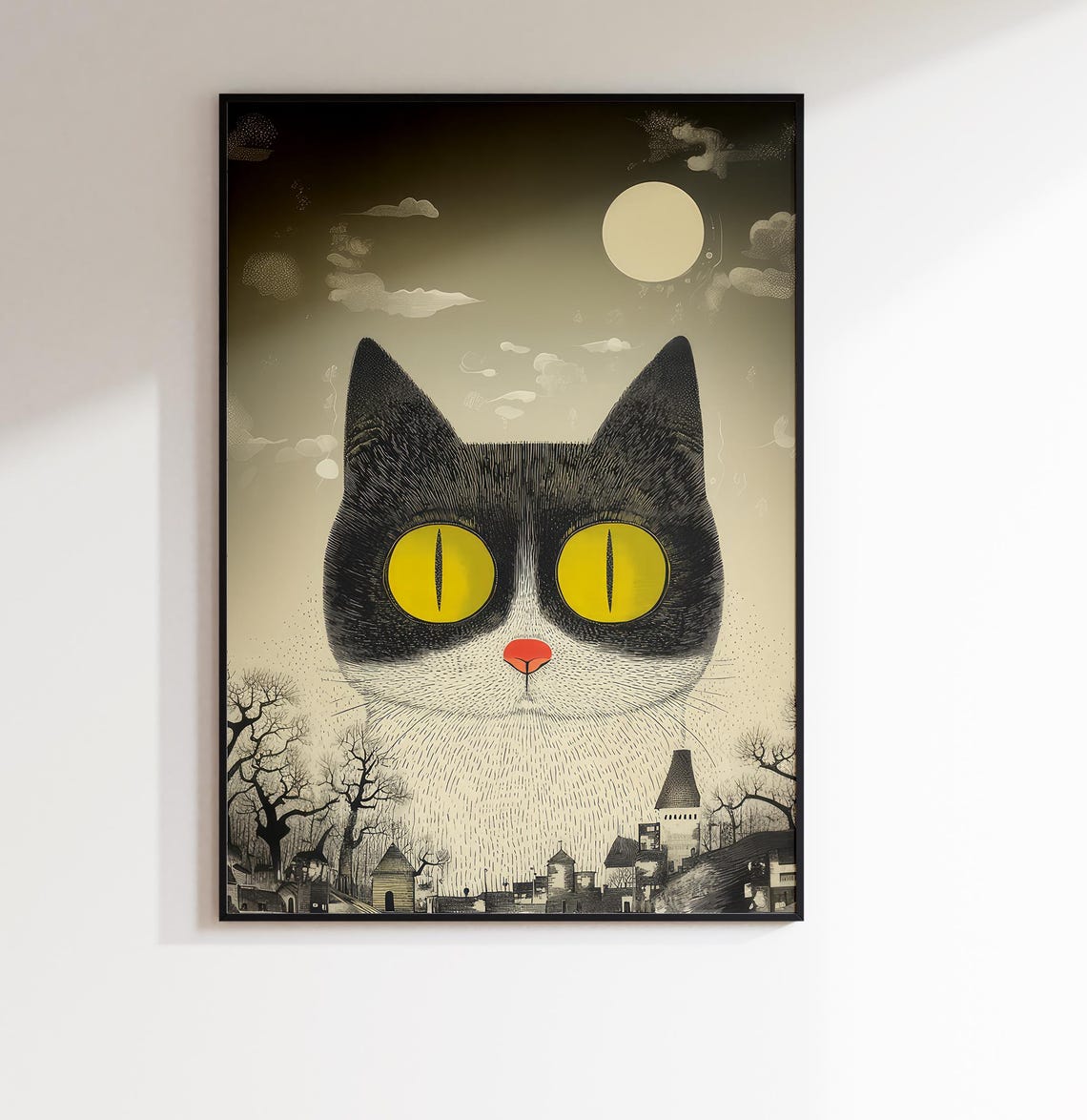 Giant Cat Over Moonlit Cat Town Japanese Fantasy Illustration Poster - Image 2