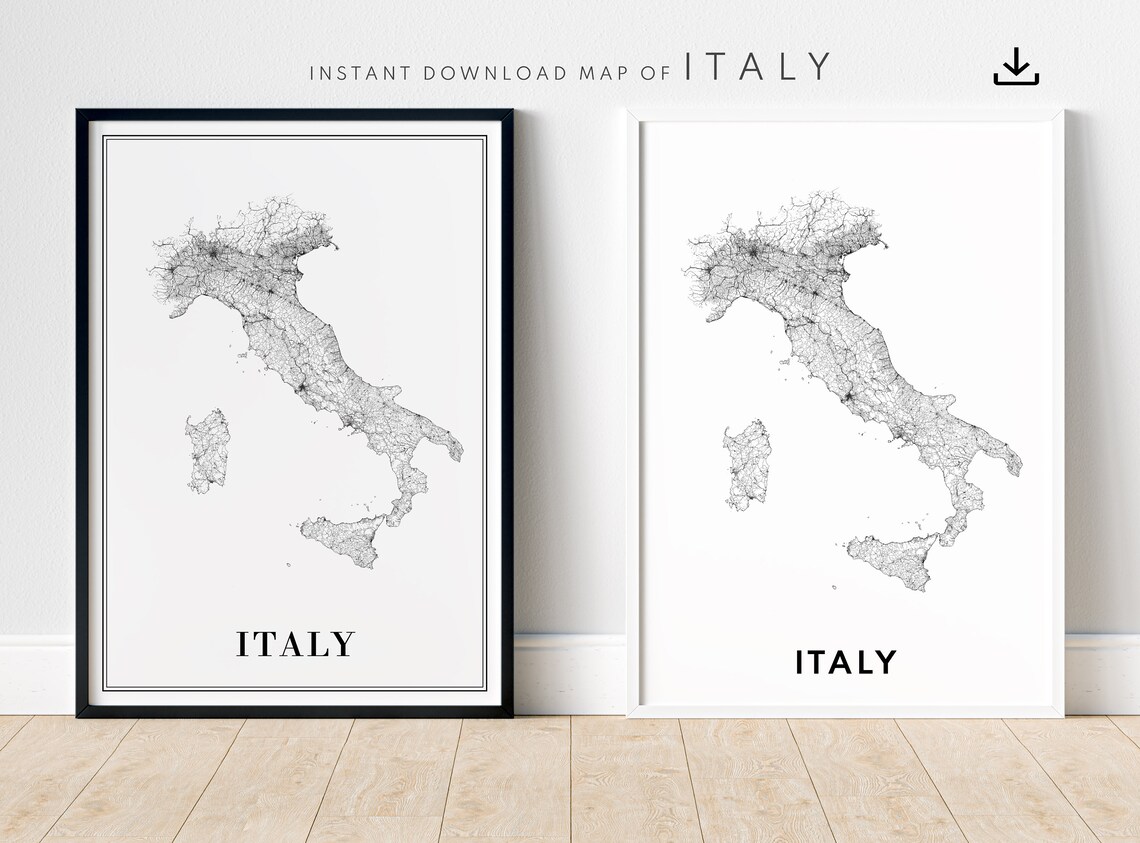 Italy Map Print, Minimal Black and White Map