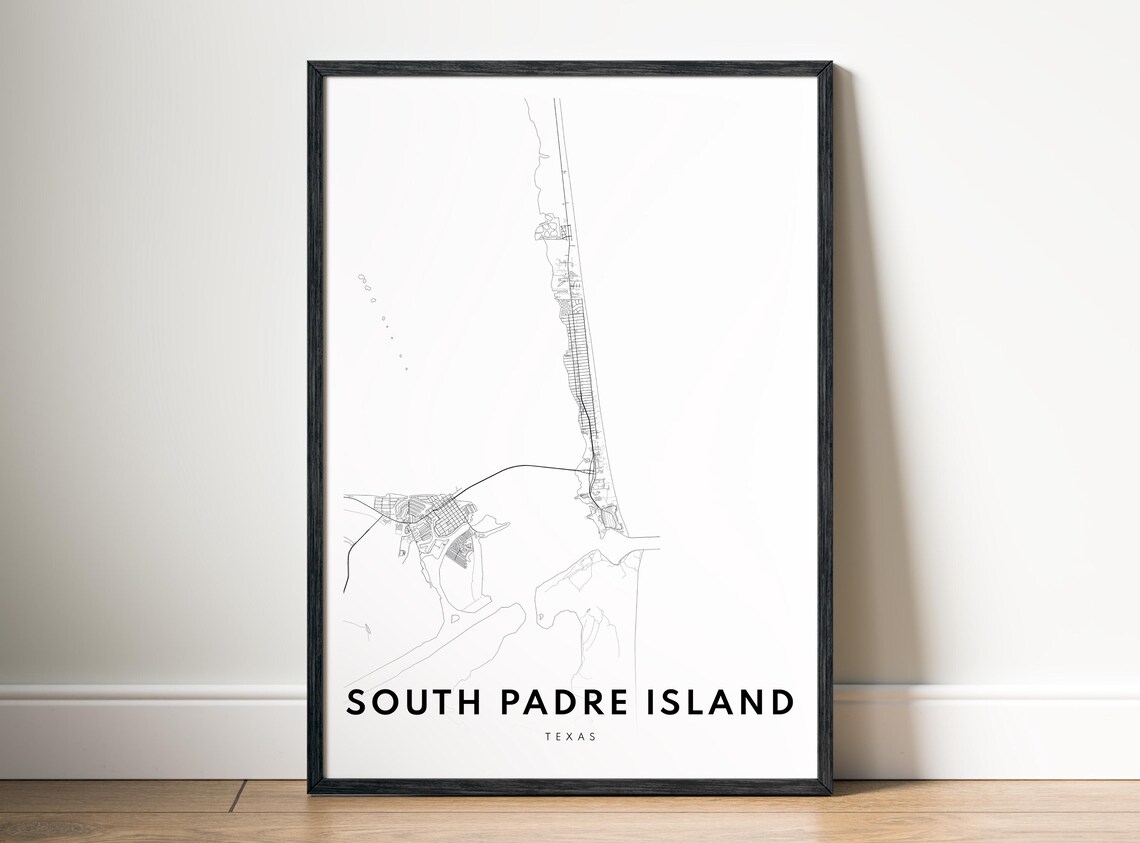 South Padre Island Tx Map Print Texas Poster Black And White