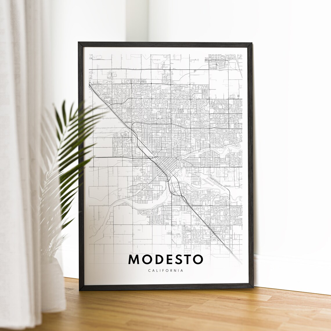 Modesto, California Map Art Print, Black and White - Image 2