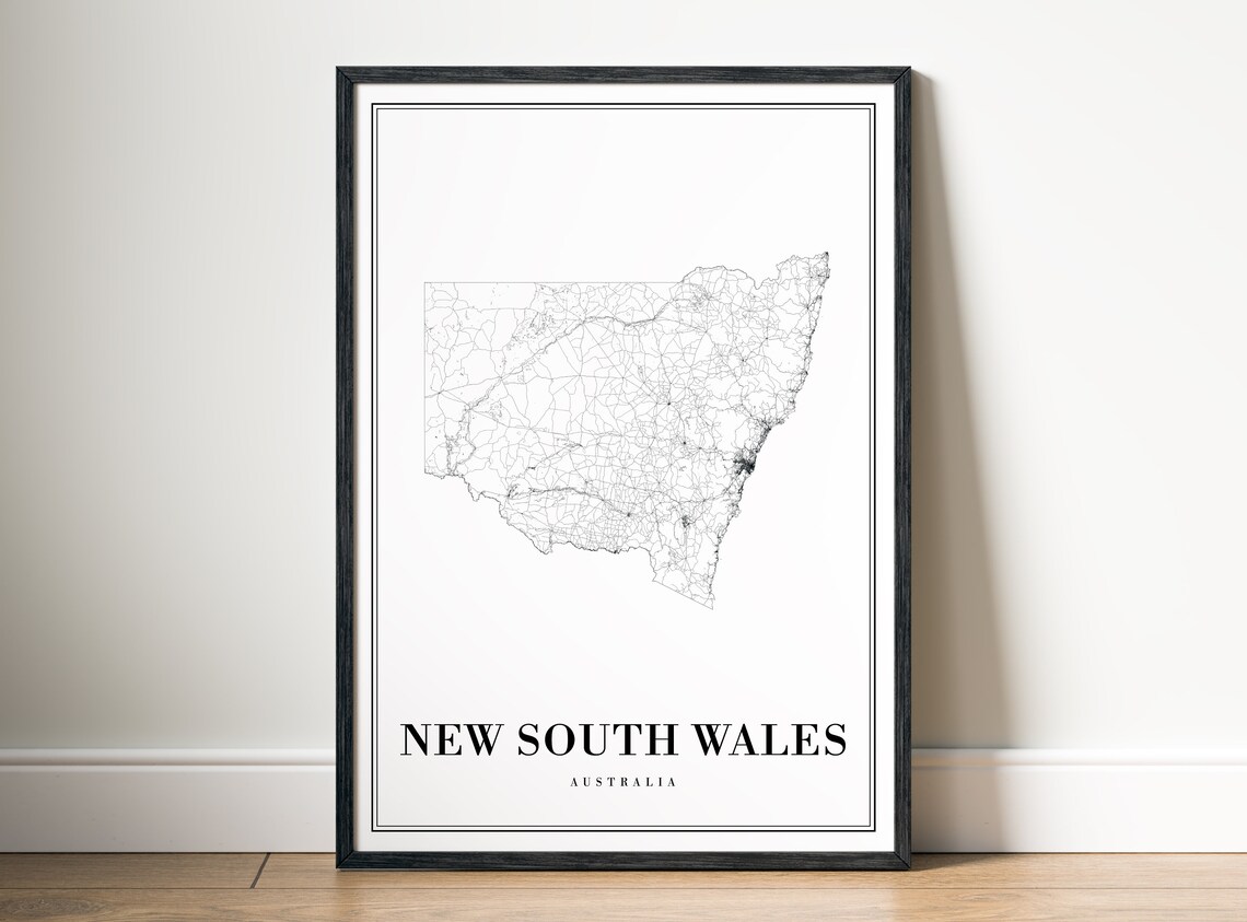 New South Wales Australia Road Map Black White Line Art Outline Poster