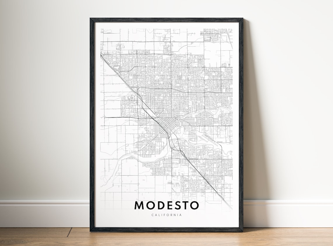 Modesto, California Map Art Print, Black and White