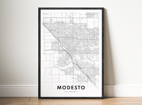 Modesto, California Map Art Print, Black and White