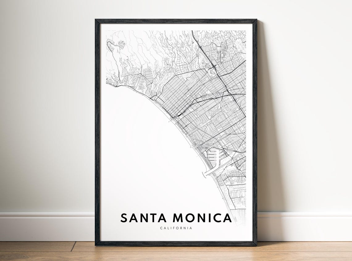 Santa Monica California Minimalist Black And White Coastal Map Poster