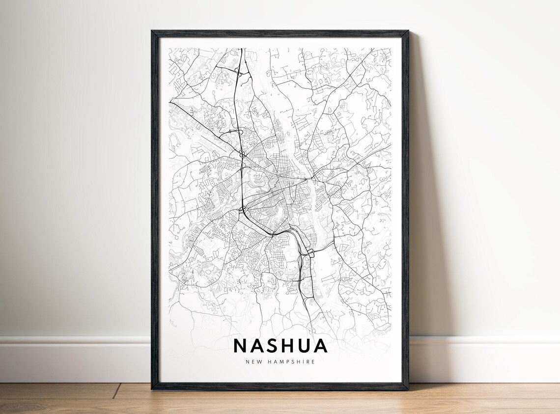 Nashua Nh City Map Poster New Hampshire Black And White Minimalistic Print