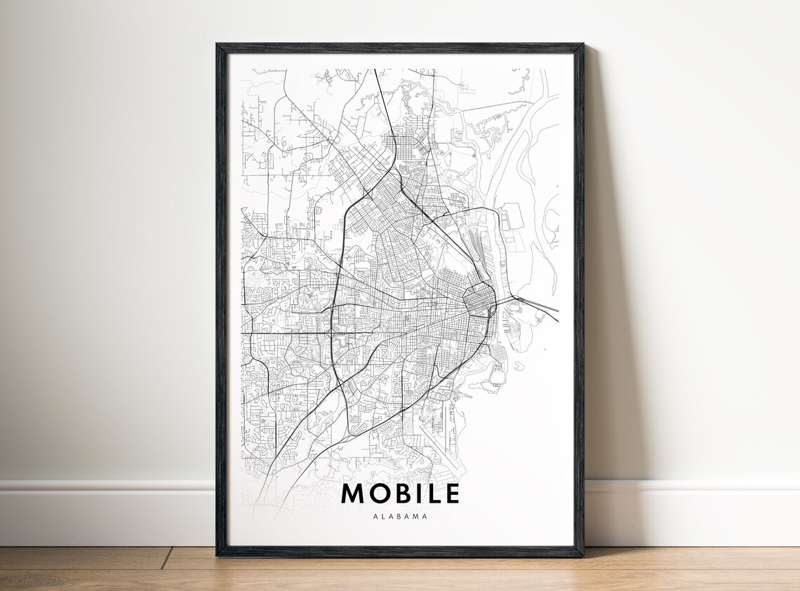 Mobile Alabama Minimalist Black And White City Street Map Poster