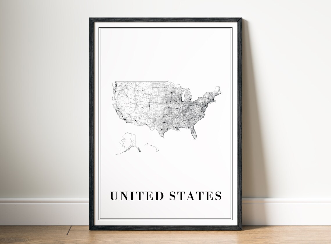 United States Black And White Map Art Print