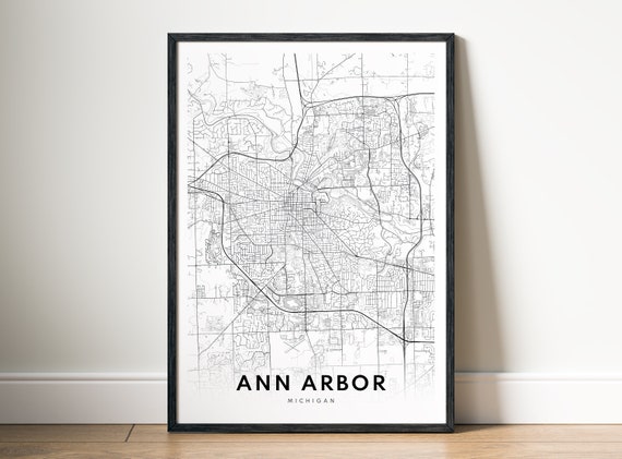 Ann Arbor Michigan Map Art Print, Black And White