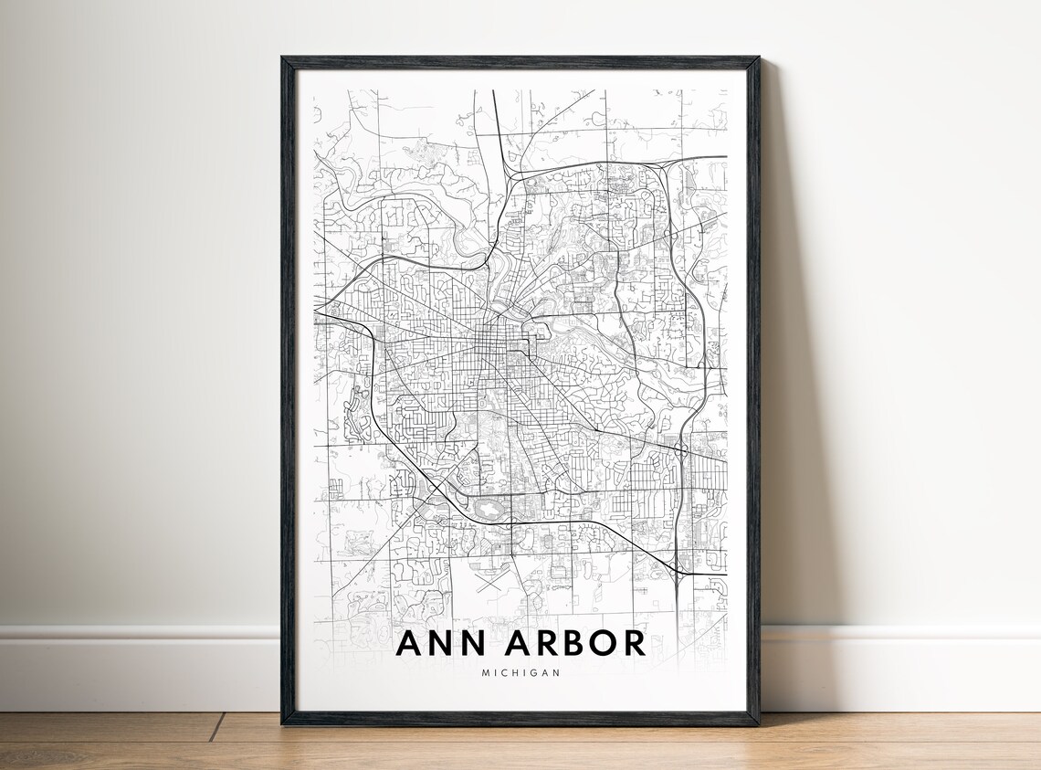Ann Arbor Michigan Map Art Print, Black And White