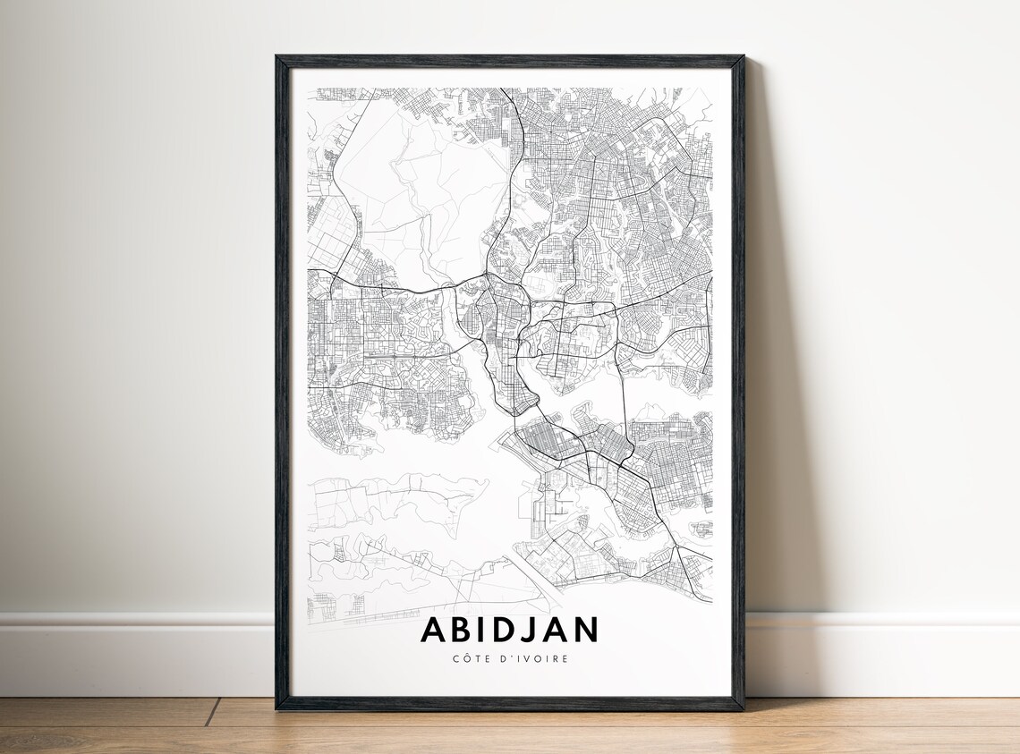 Abidjan Ivory Coast Street Map Black and White City Lines Art Poster