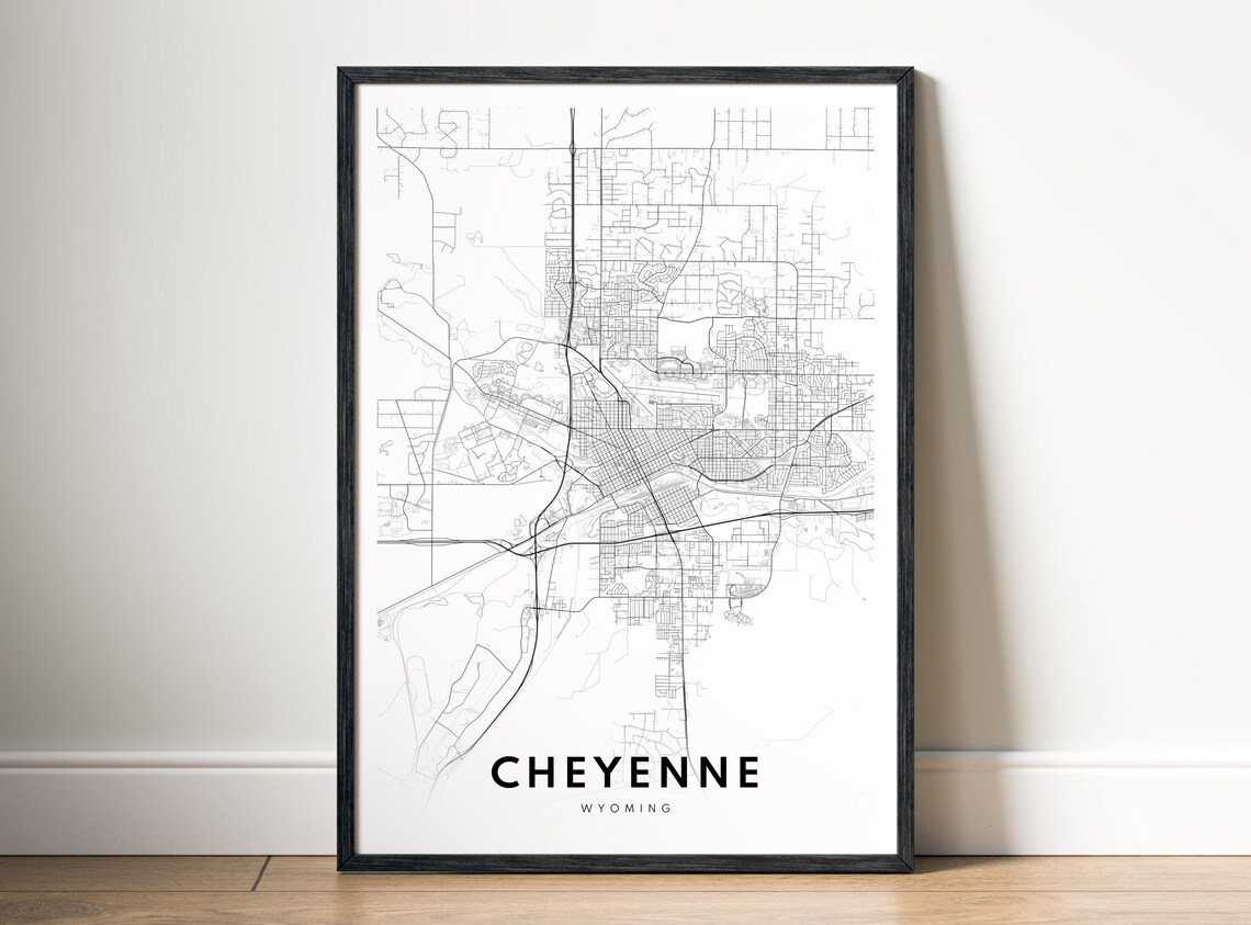 Cheyenne Map Print Wyoming Poster Black And White Wall Art Sketch