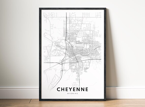 Cheyenne Map Print Wyoming Poster Black And White Wall Art Sketch