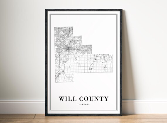 Map Will County Illinois Poster Black And White Road Art