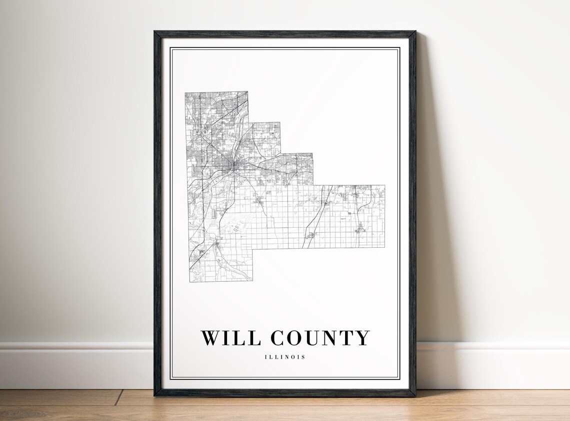 Map Will County Illinois Poster Black And White Road Art