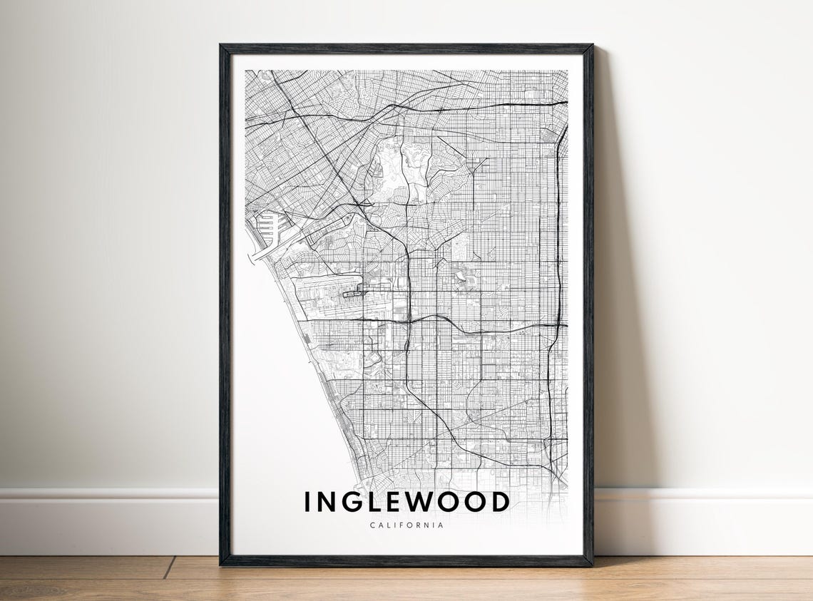 Inglewood California Black and White Minimalist City Map Poster