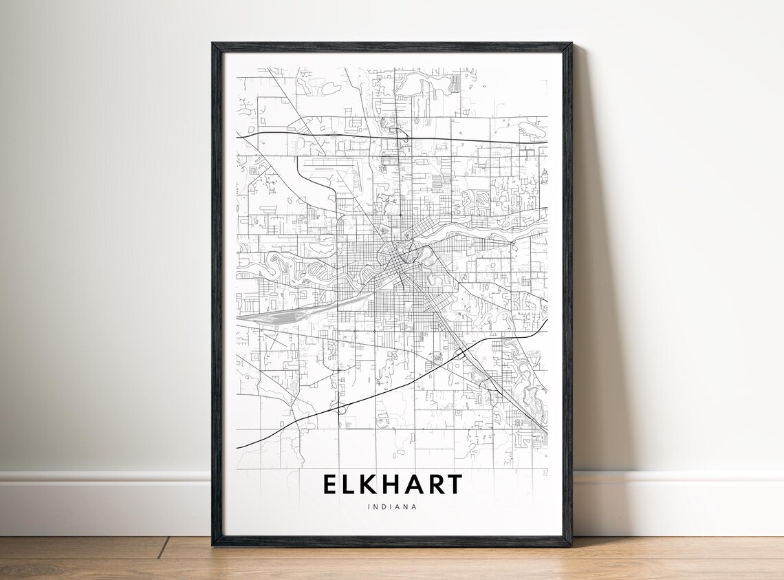 Elkhart Indiana Minimalist Black And White City Street Map Poster