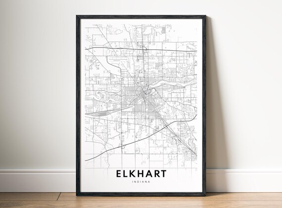Elkhart Map Print Indiana Poster City Black And White Art