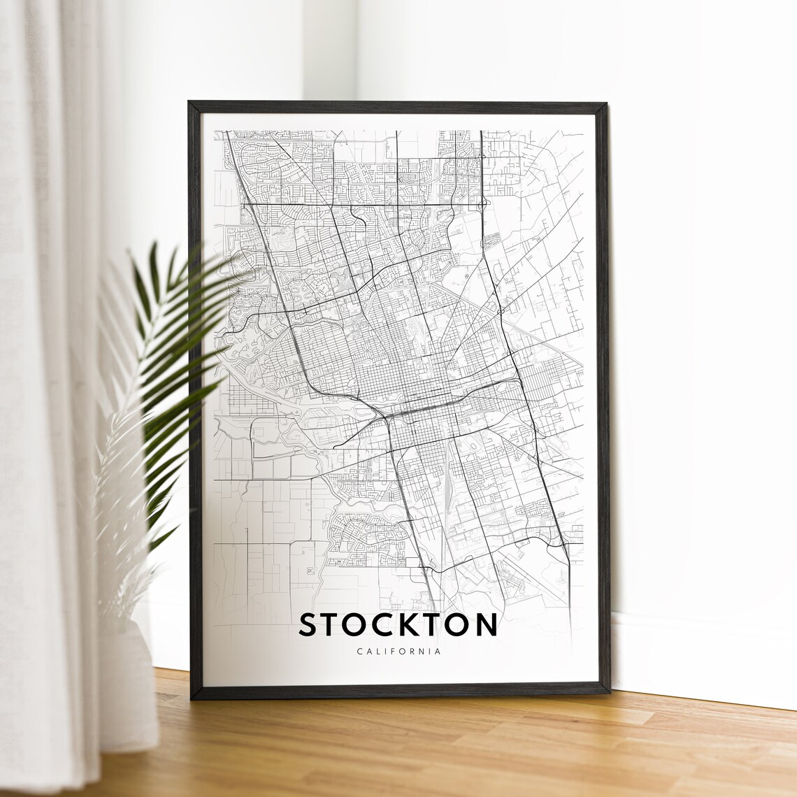 Stockton California Street Map Black and White City Line Art Poster - Image 4