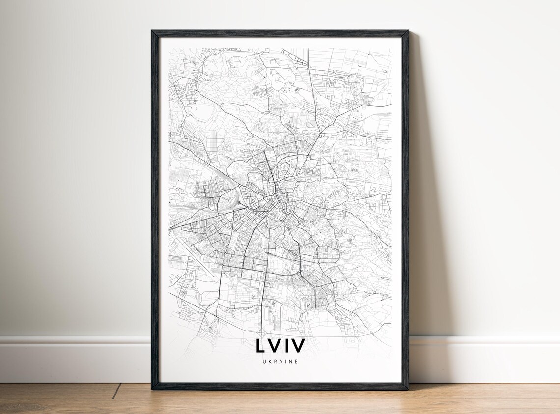 Lviv Map Print Ukraine Poster Black And White Wall Art Sketch