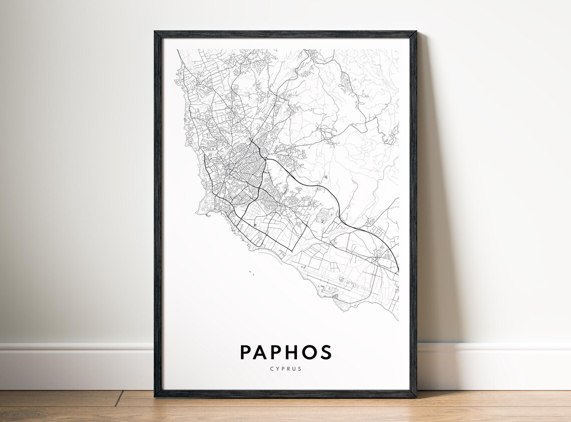 Paphos Cyprus Map Print Poster Black And White Wall Art Sketch