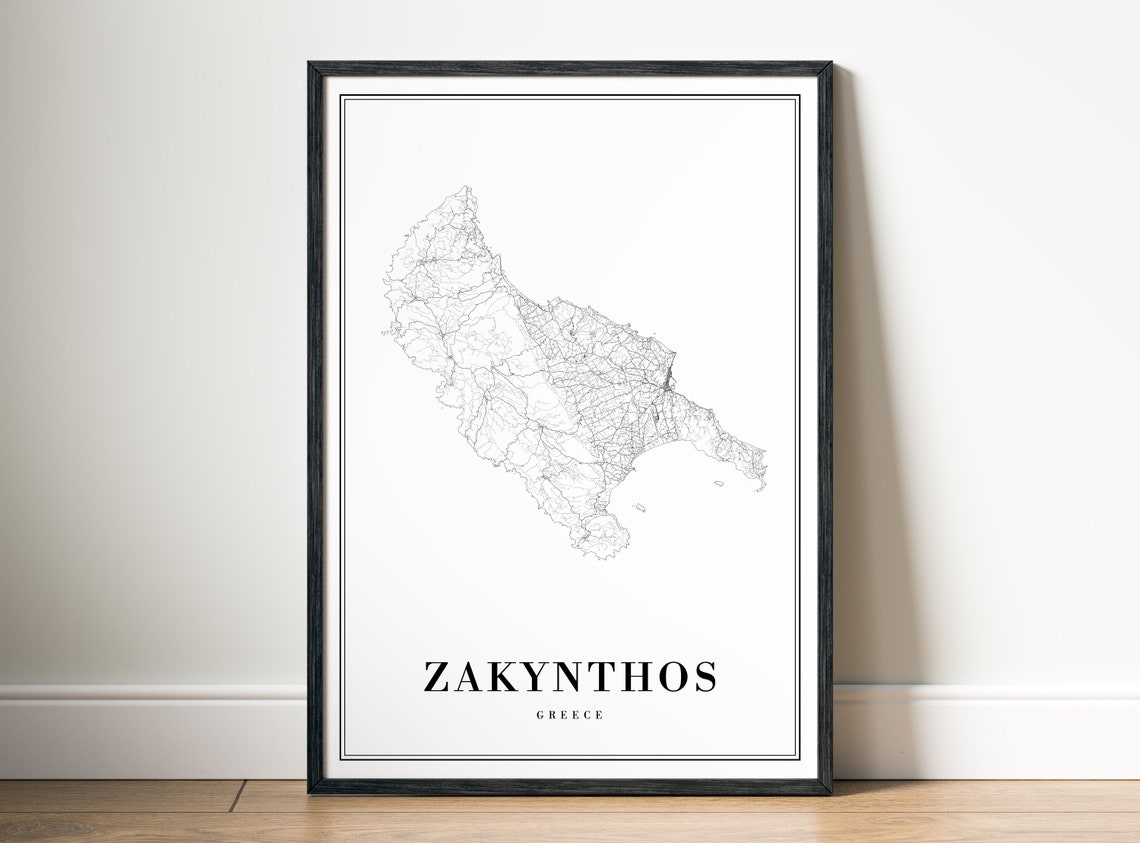 Zakynthos Greece Island Minimalist Line Art Black White Map Poster