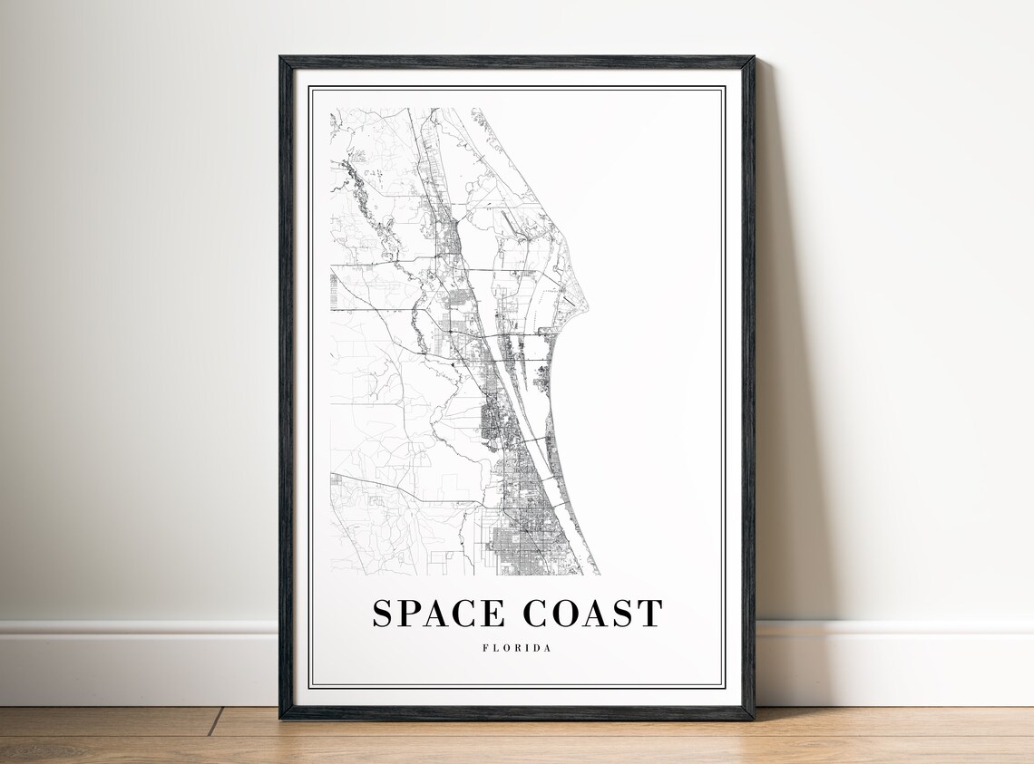 Space Coast Florida Map, Black and White Travel Poster