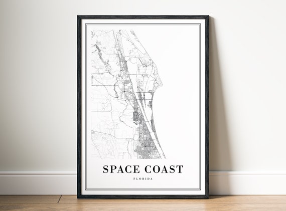 Space Coast Florida Map, Black and White Travel Poster