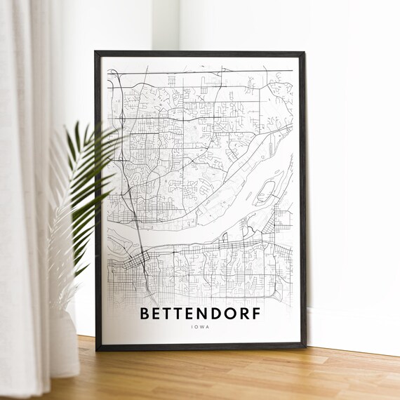 Bettendorf Map Poster Iowa Black And White Minimalistic Print
