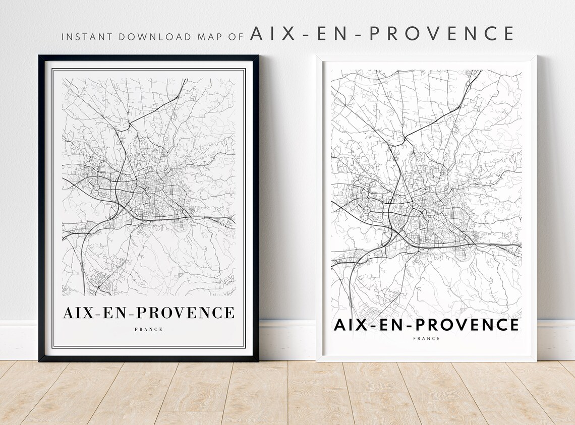 Instant Aixenprovence Map Print France Poster Black And White Wall Art