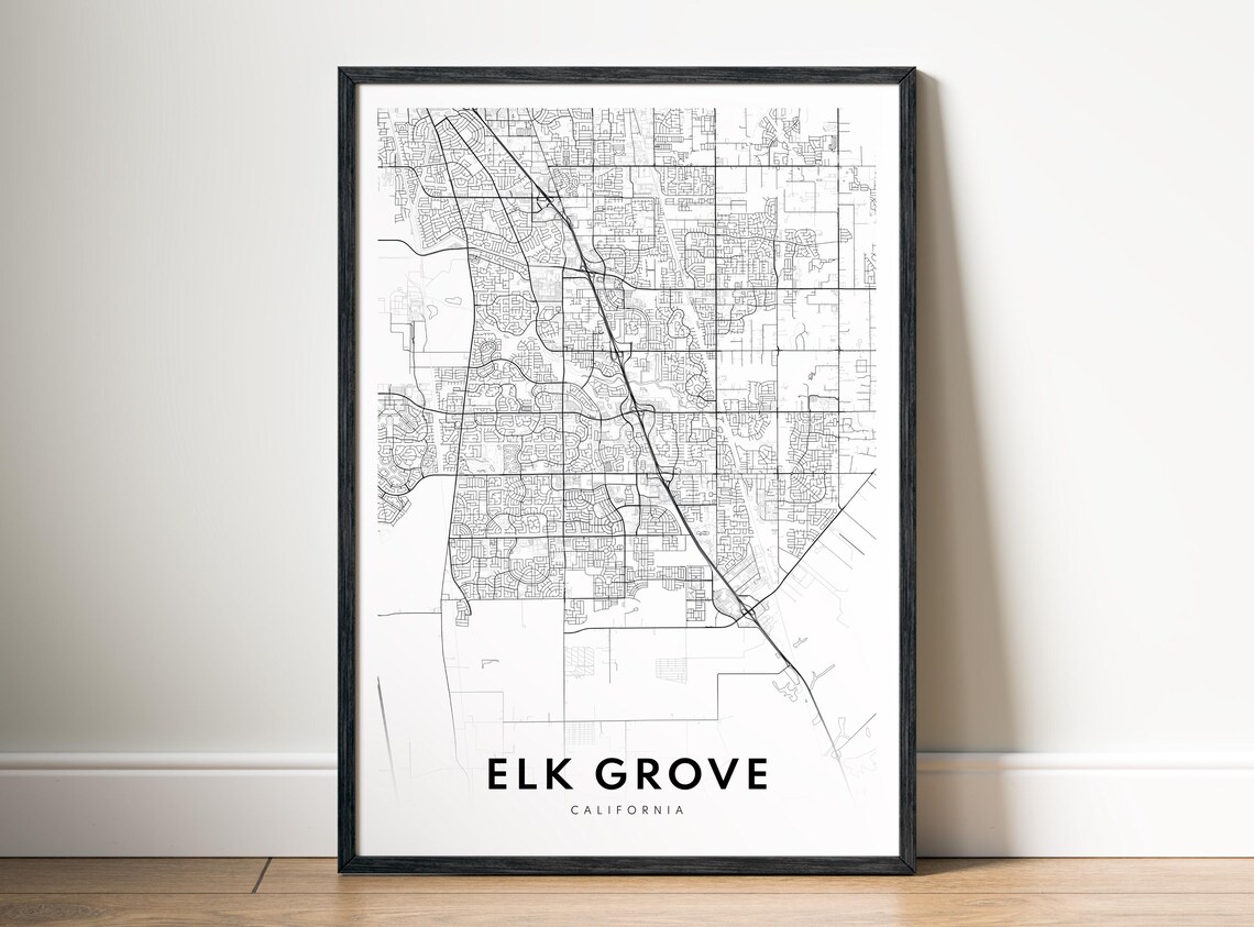 Elk Grove CA Map Poster, Black and White Minimalist