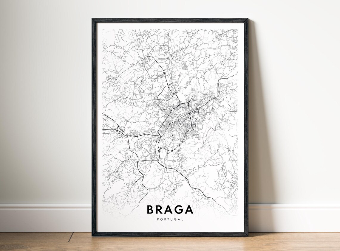 Braga Portugal Black And White Minimalist City Map Line Art Poster