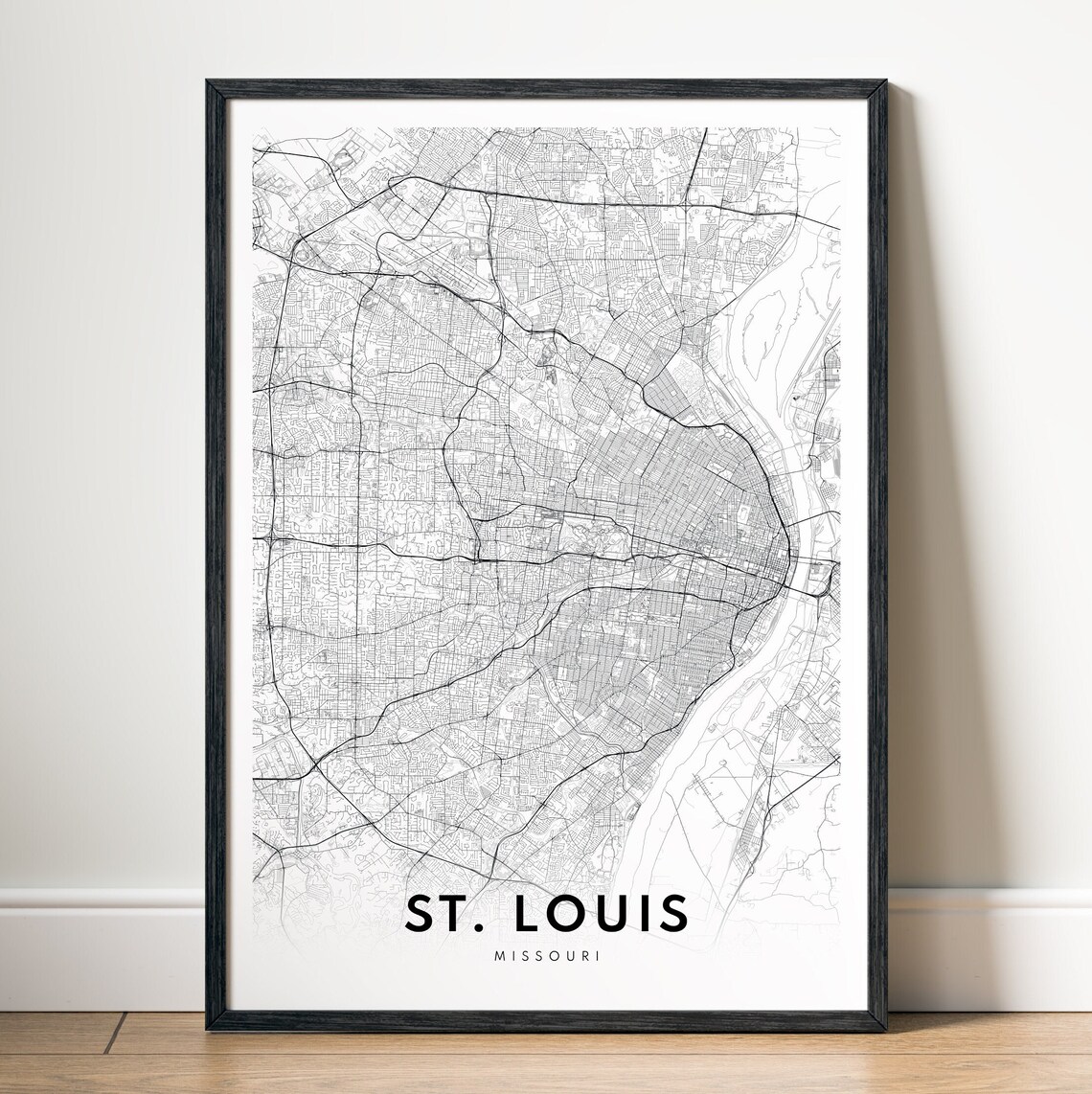 St Louis Missouri Modern Minimalist Black White City Street Map Poster
