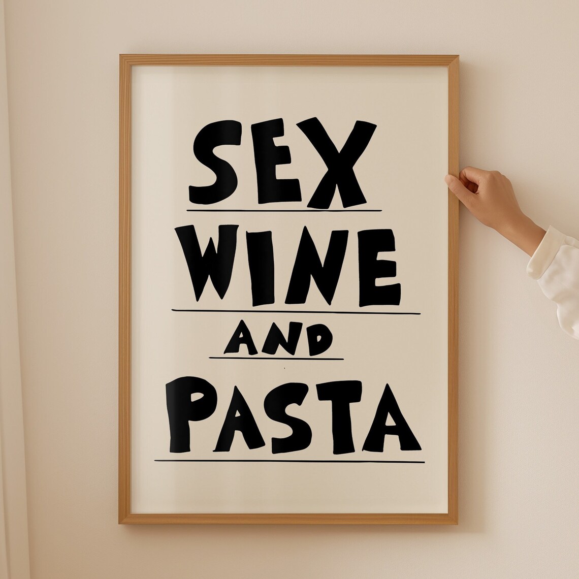 Sex Wine And Pasta Black Bold Typography Funny Kitchen Wall Poster
