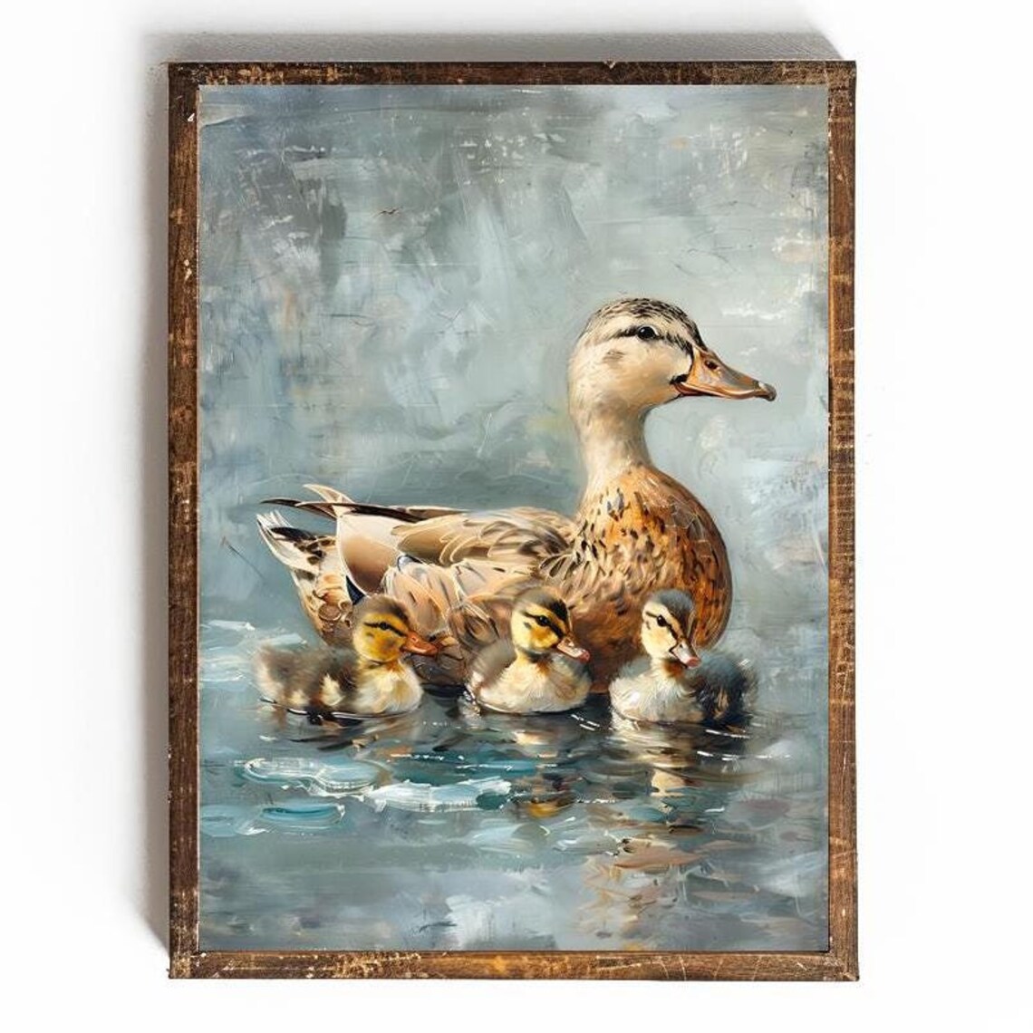 Mother Duck And Three Ducklings Swimming Vintage Oil Painting Poster