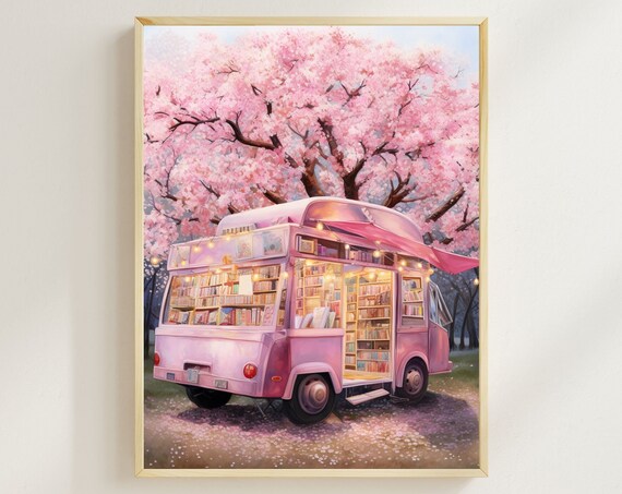 Pink Book Truck Gicle Print, Cherry Blossom Bookstore