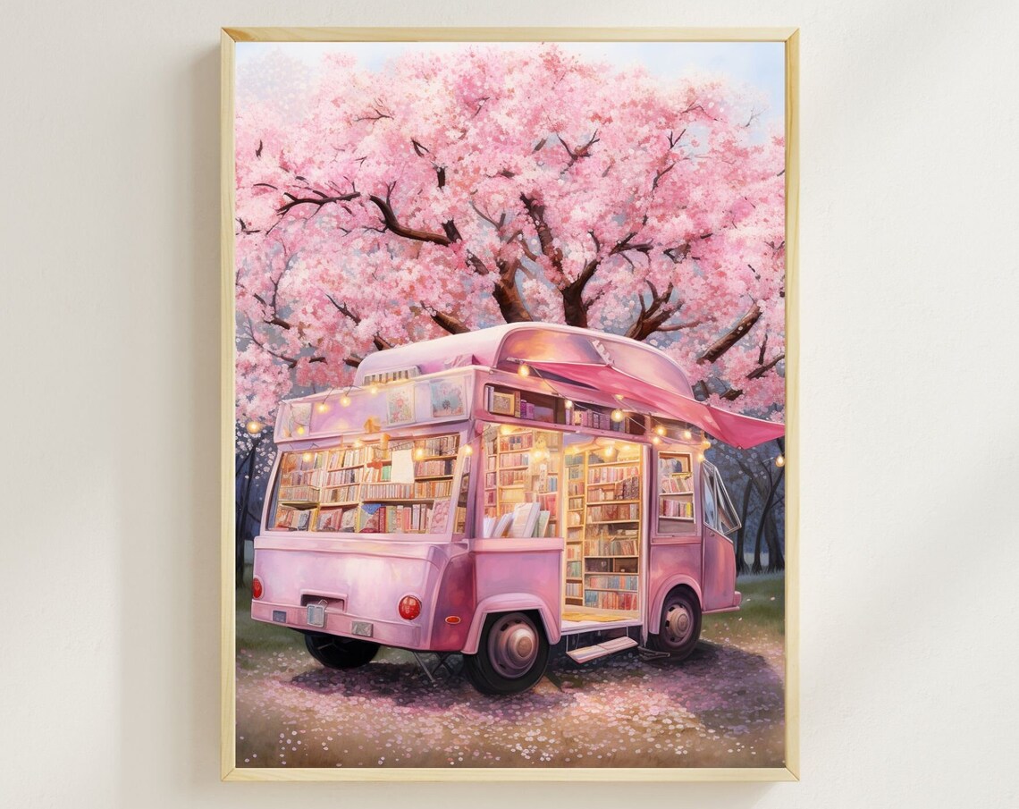 Pink Book Truck Gicle Print, Cherry Blossom Bookstore