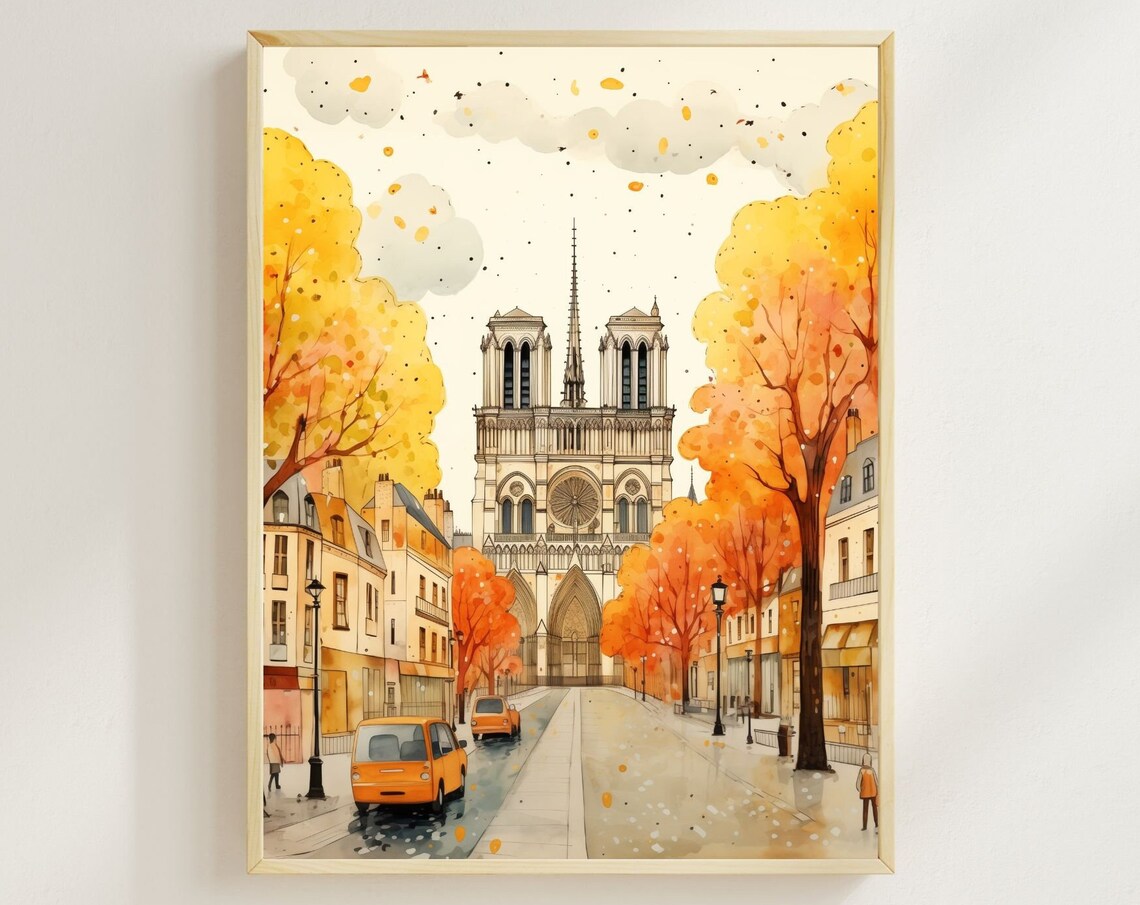 Notre Dame Cathedral Watercolor Art Print, Paris in Fall