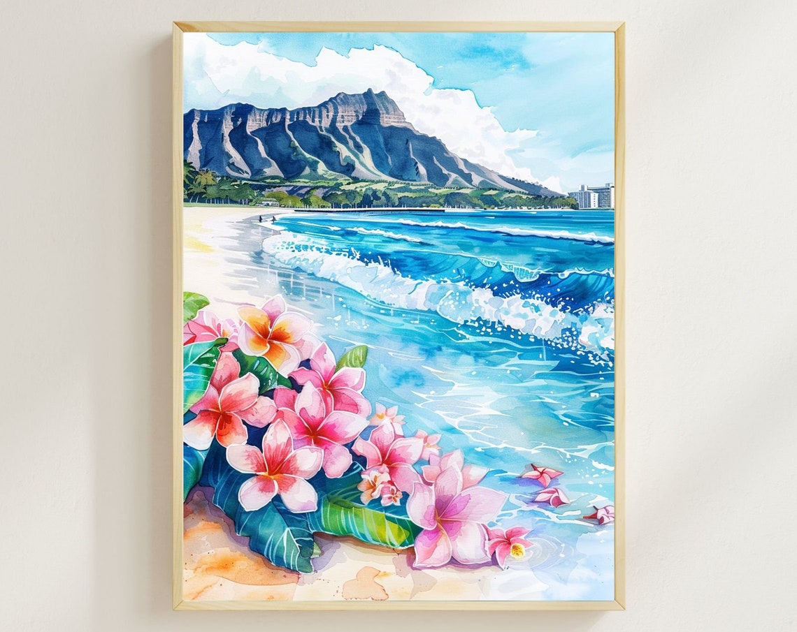 Diamond Watercolor Print, Honolulu Hawaii Coastal Art
