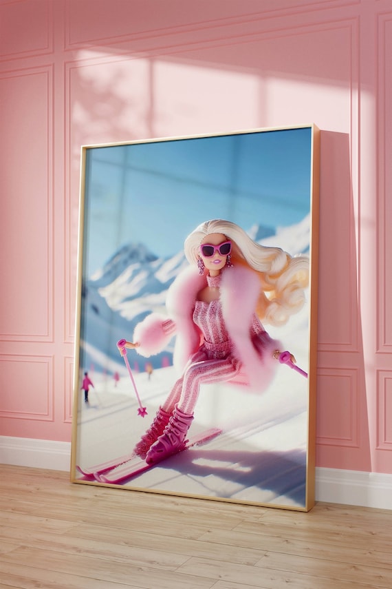 Skiing Fashion Doll Pink Outfit Mountain Glam Winter Sports Art Poster