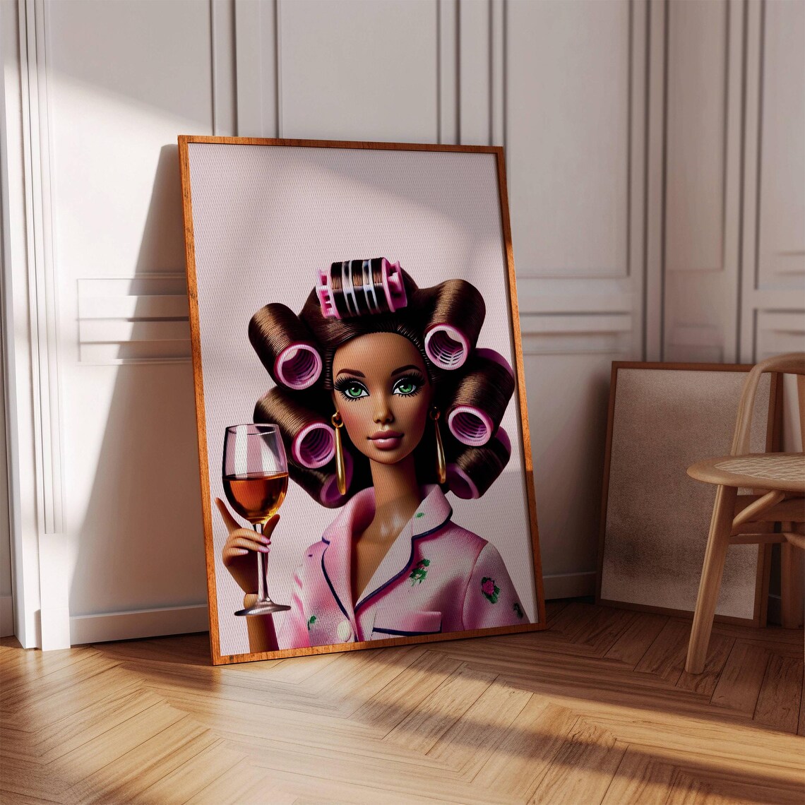 Retro Doll With Curlers Art Print, Pink Diva