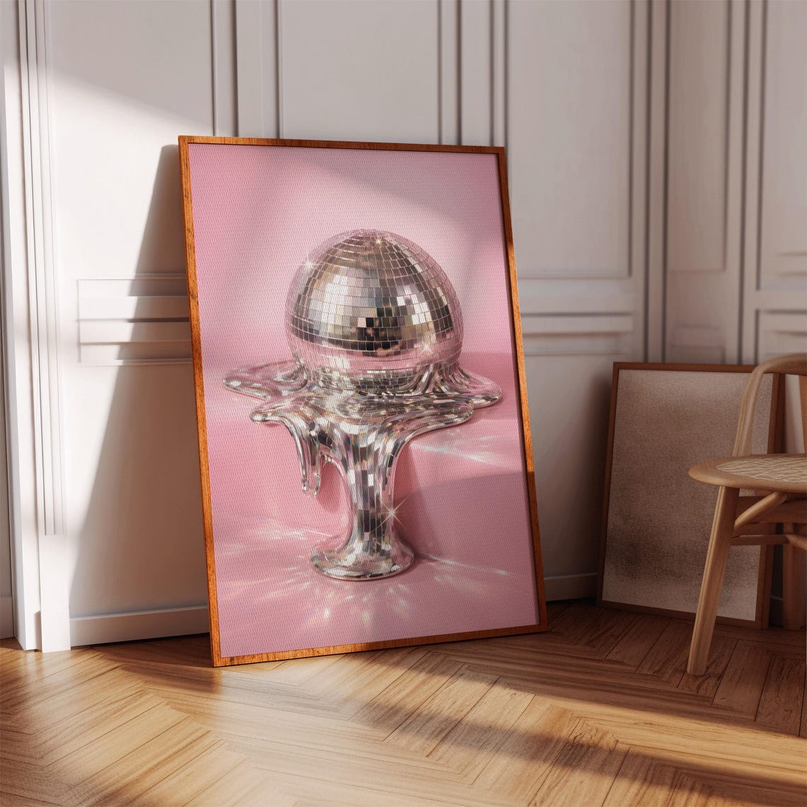 Melting Disco Ball Pink Background Surreal Party Decor Poster
