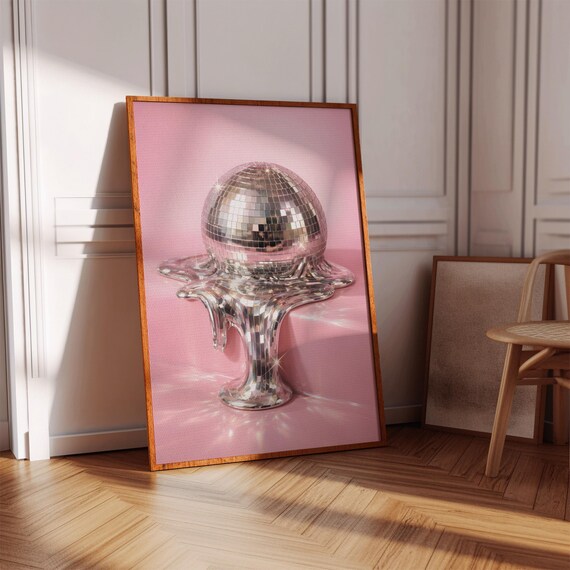 Disco Ball Wall Art Printable Chrome Abstract Decor Modern Pink Print Girly Home