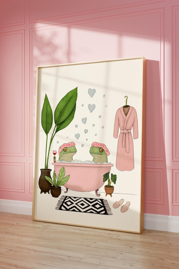Frogs In Pink Bathtub Bubble Bath Funny Bathroom Hand Drawn Poster