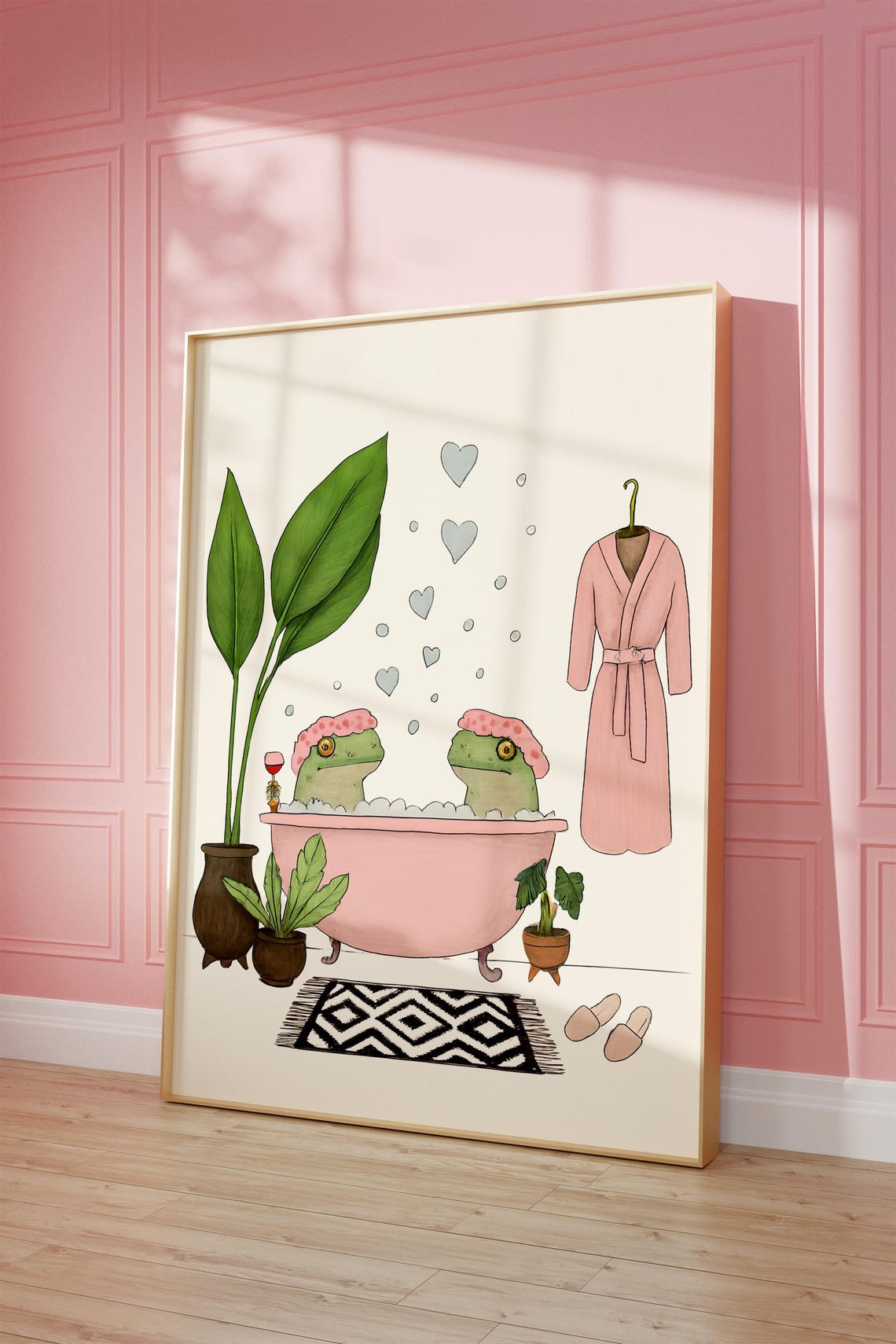 Frogs In Pink Bathtub Bubble Bath Funny Bathroom Hand Drawn Poster