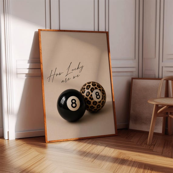 Lucky 8 Ball Wall Art Printable Eclectic Leopard Biljart Poster Neutral Beige Home Decor