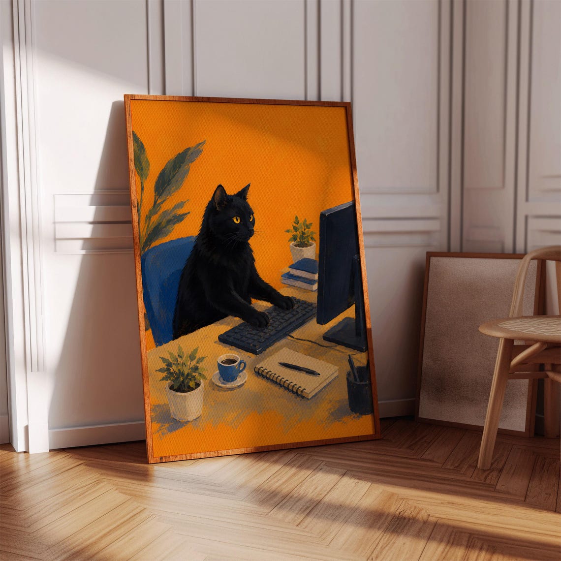 Black Cat Working on Computer Funny Office Retro Desk Art Poster